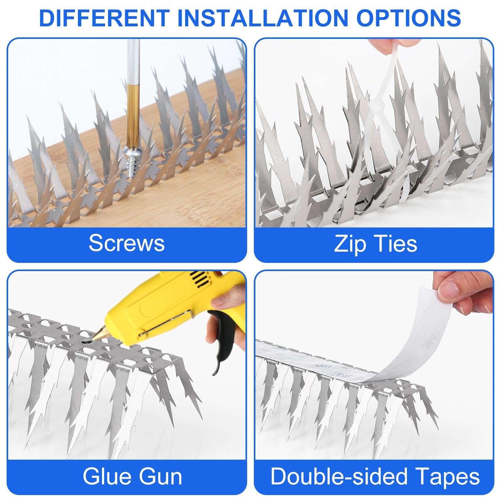 Quunoot weatherproof stainless steel spikes withstand rain and sun without rust.