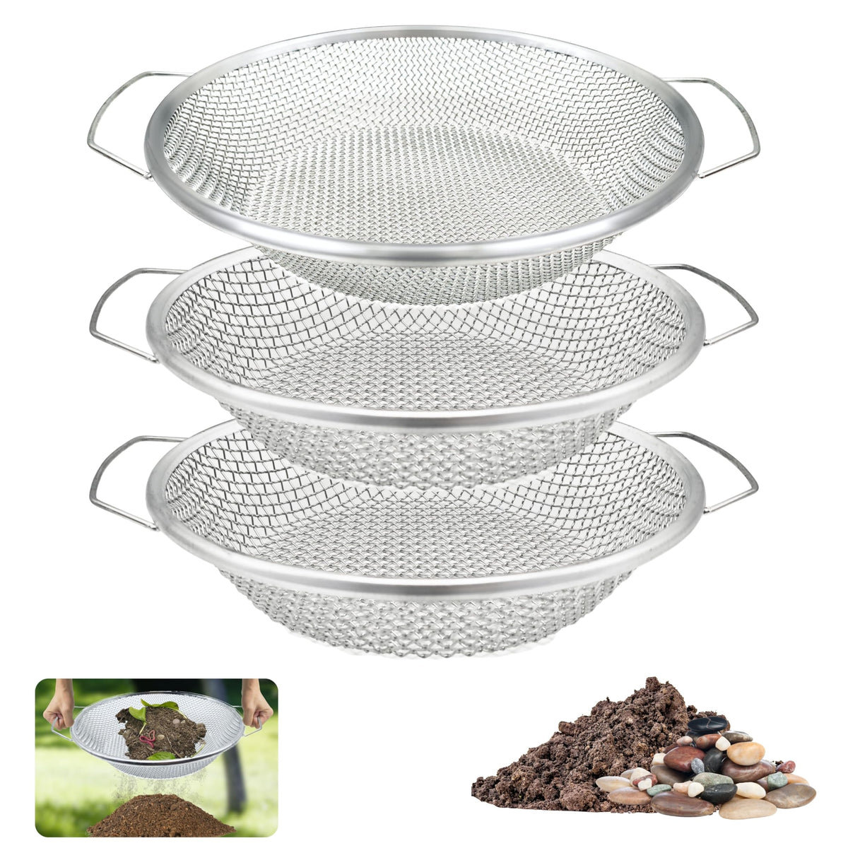 QUTIING 3-piece soil sifter set with 3mm, 6mm, 8mm meshes for precise screening.