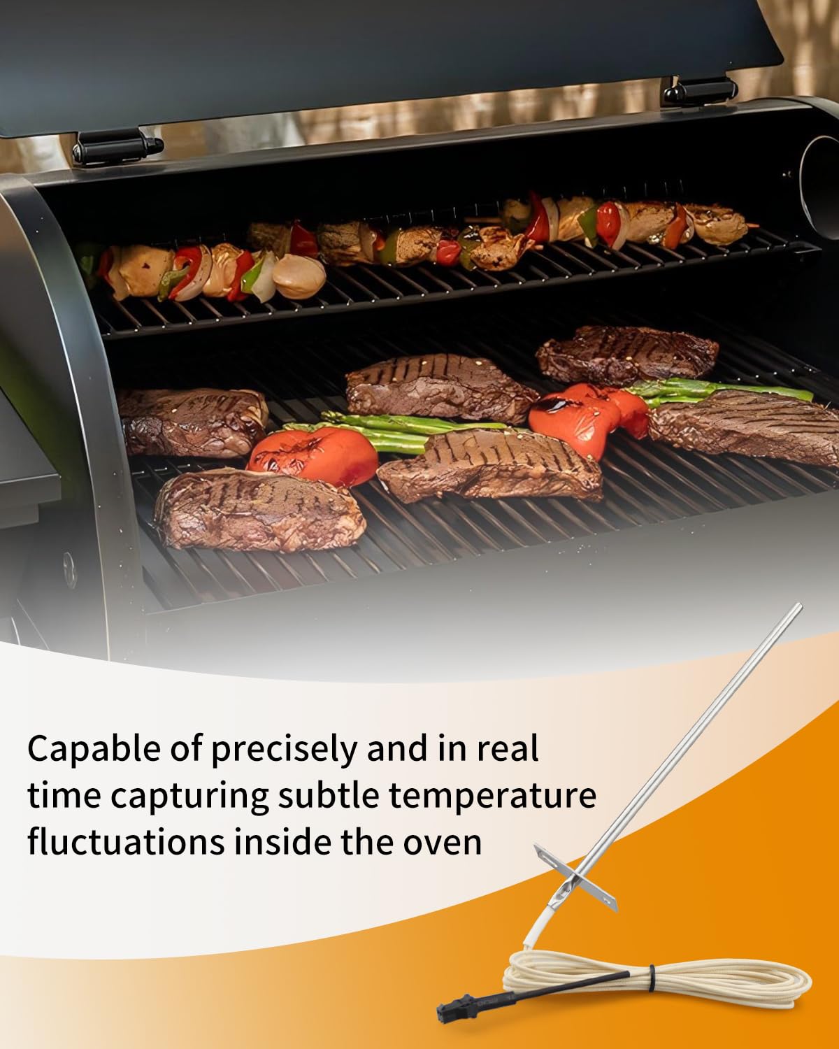 Quwfesudy RTD probe monitors meat and ambient temps for consistent grilling.