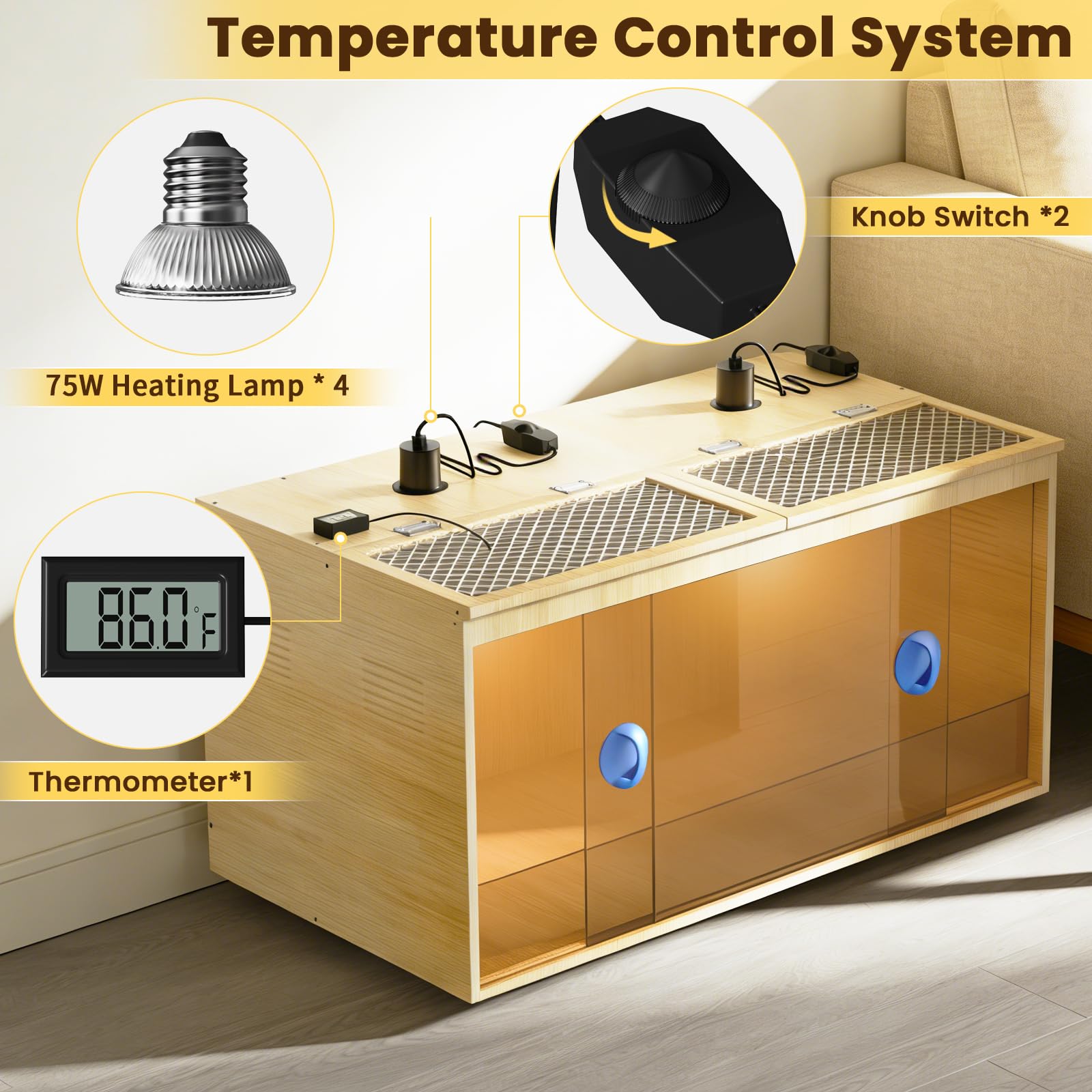 QVVCOOP four 75W heat lamps providing adjustable warmth
