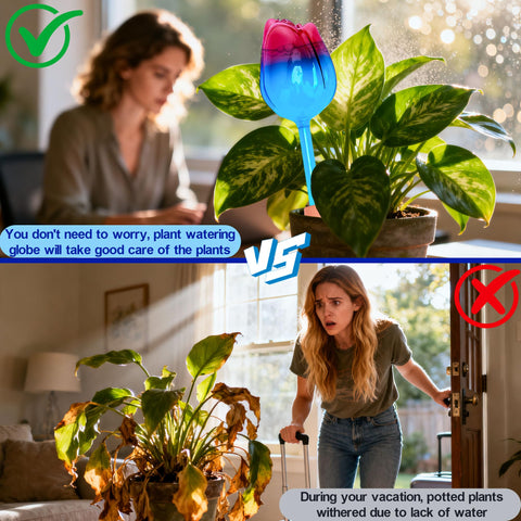 QWBthnk self-watering globe on plants supports away-from-home care.