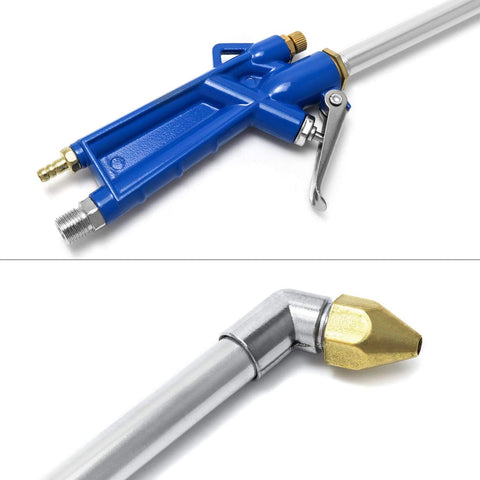 QWORK air blow gun reaching tight spaces in mechanical interiors for dirt removal.