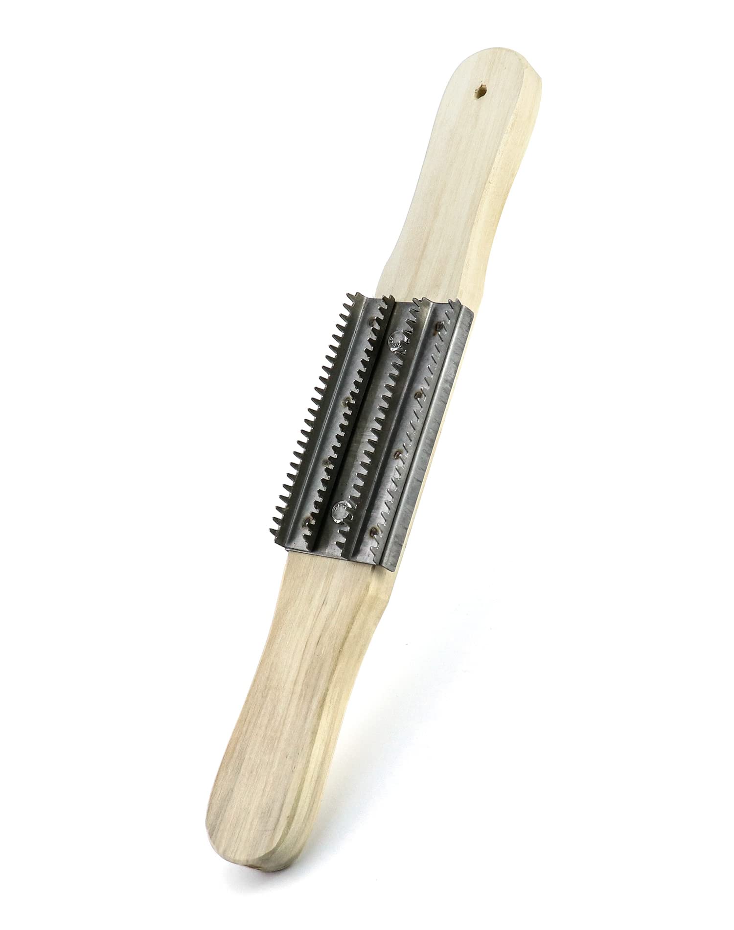 QWORK Buffing Wheel Rake with wooden handle and stainless head for precise wheel cleaning.