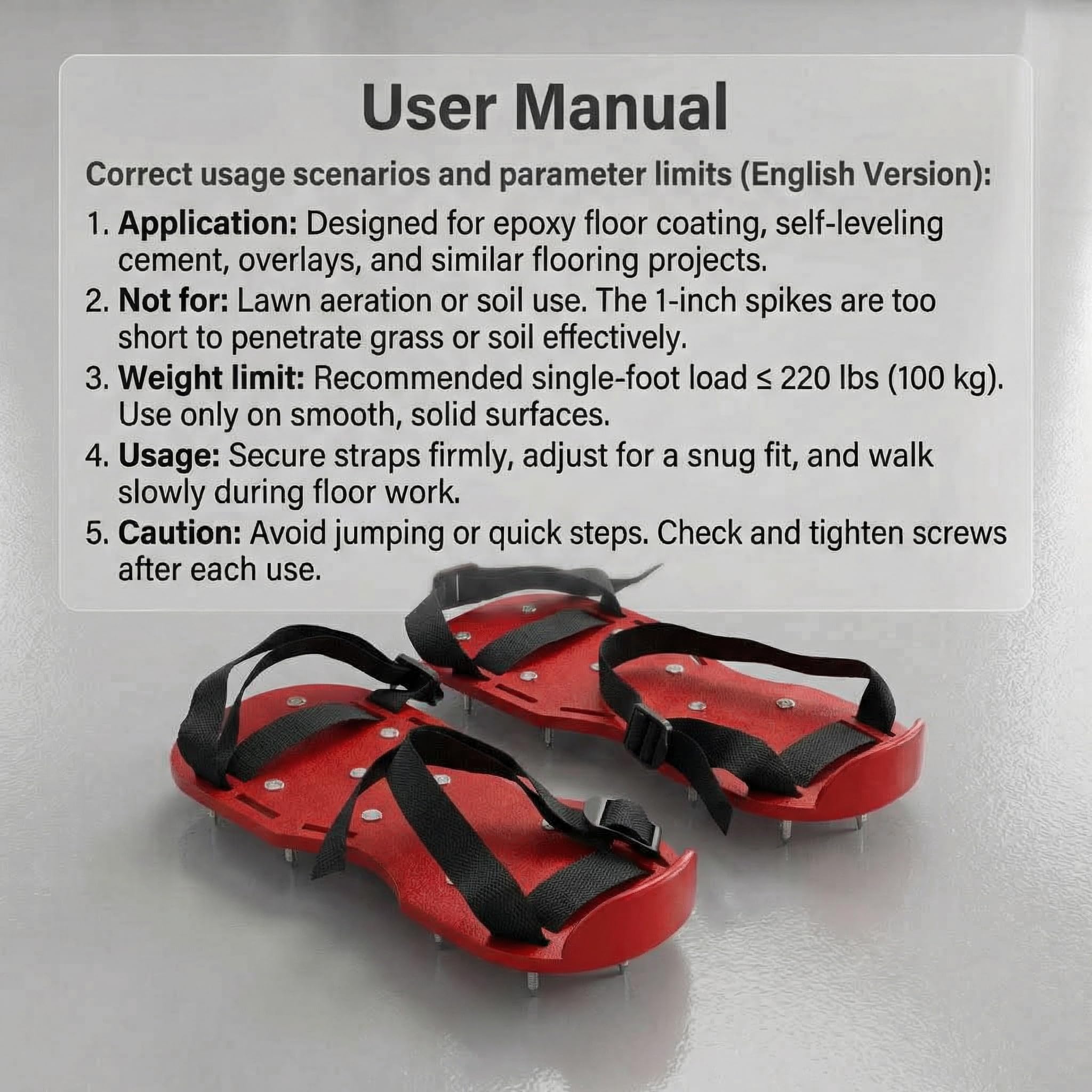 One inch spikes prevent surface damage during resin application.