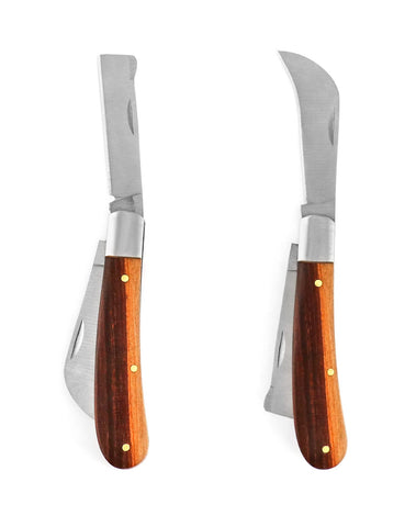 QWORK grafting knife wood handle close-up showing ergonomic grip