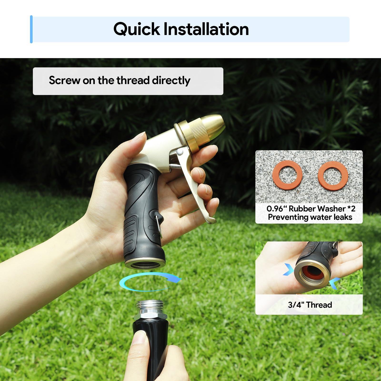 Qxiaozhan garden nozzle three-quarter-inch thread fits most hoses for quick setup.