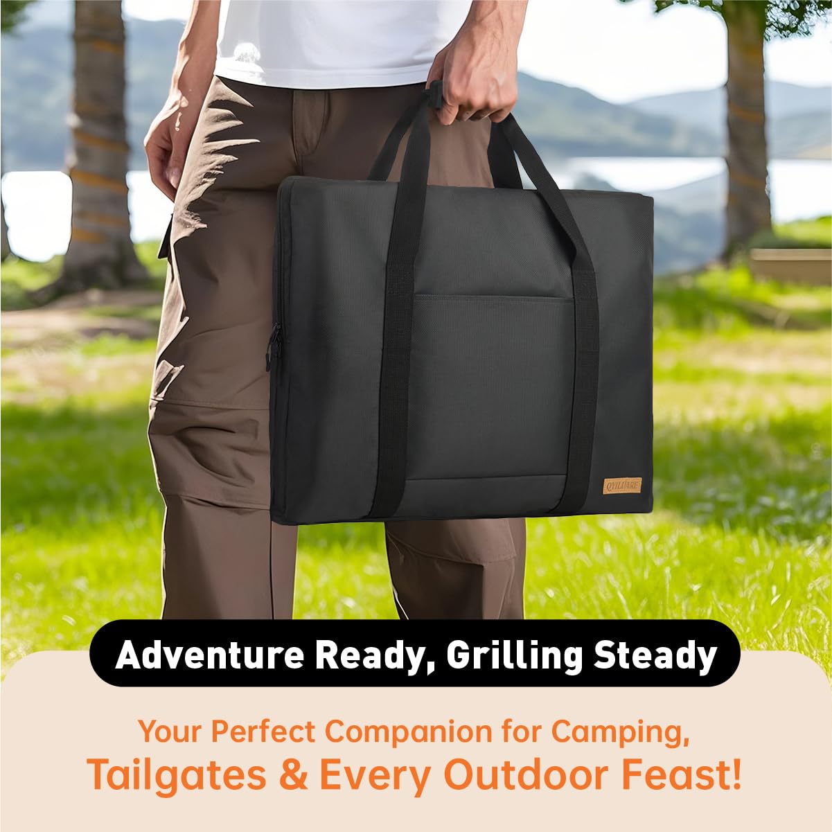 QYILUARE built-in tool organizer keeps spatula, brush, and oil close at hand.