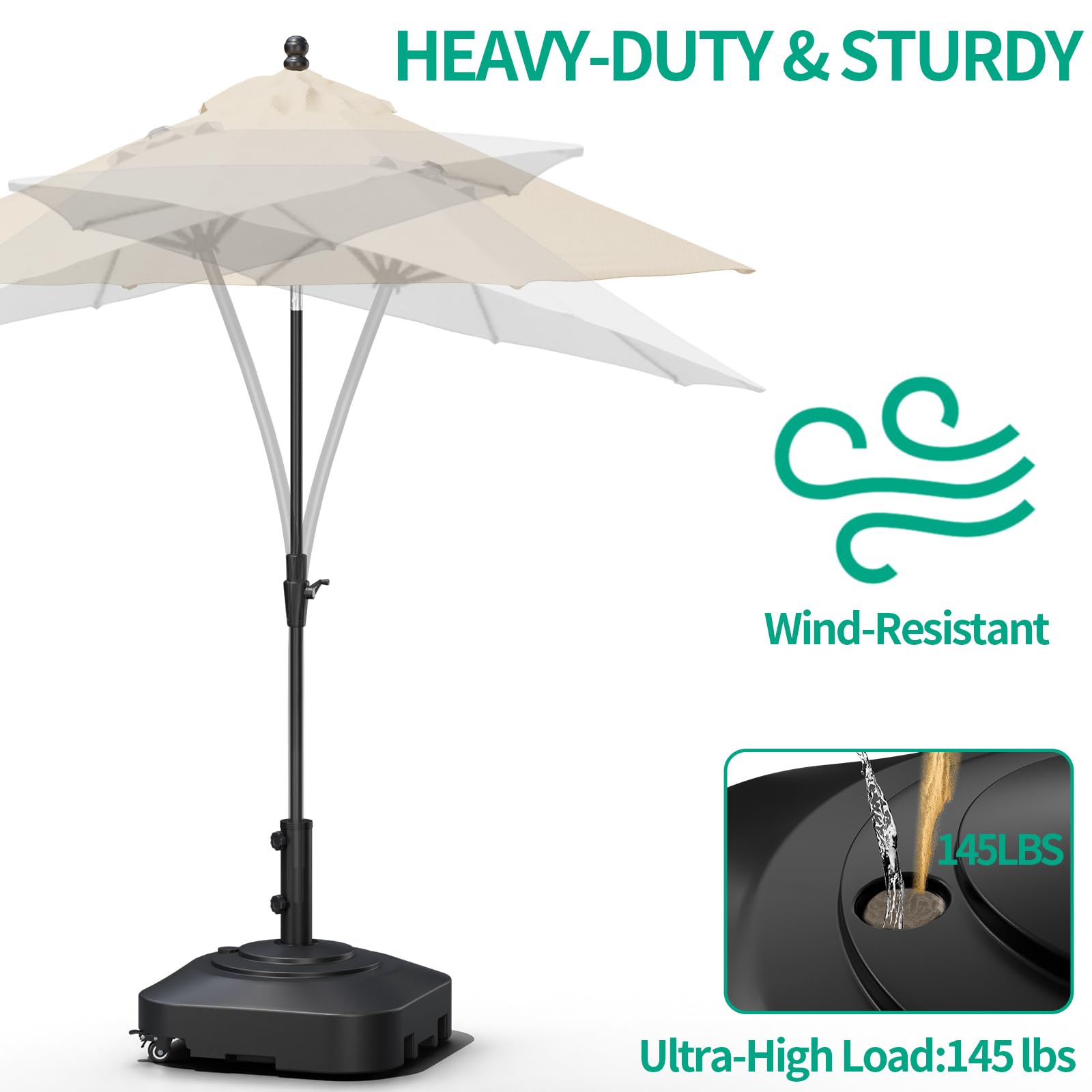 Fill capacity details showing sand or water for stability.