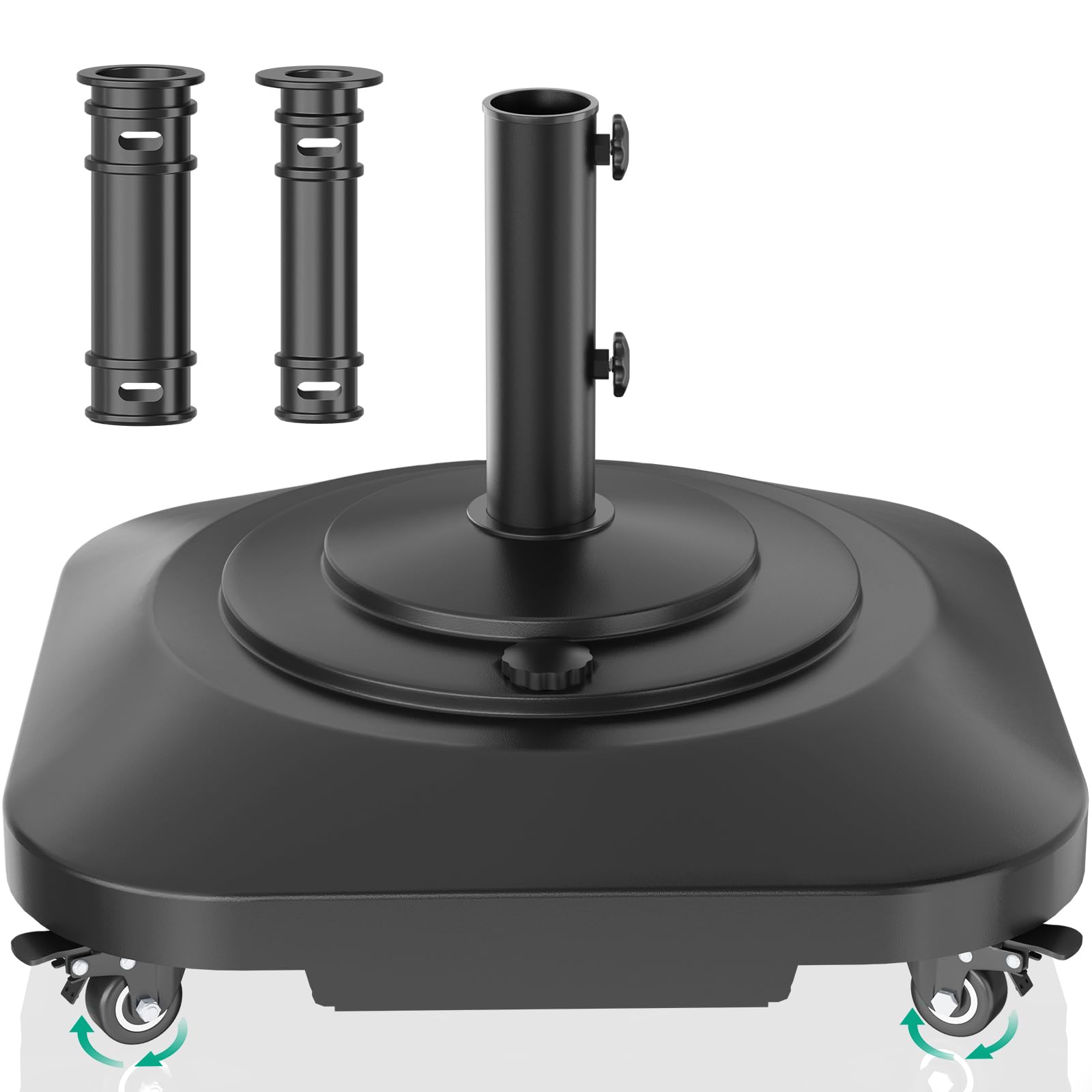 QZER umbrella base with wheels — front view for easy mobility and positioning.
