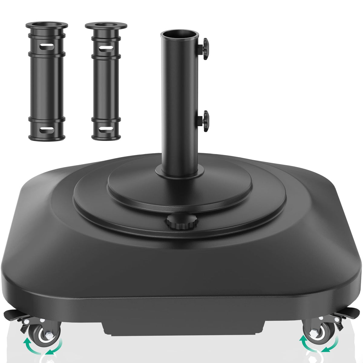 QZER umbrella base with wheels — front view for easy mobility and positioning.