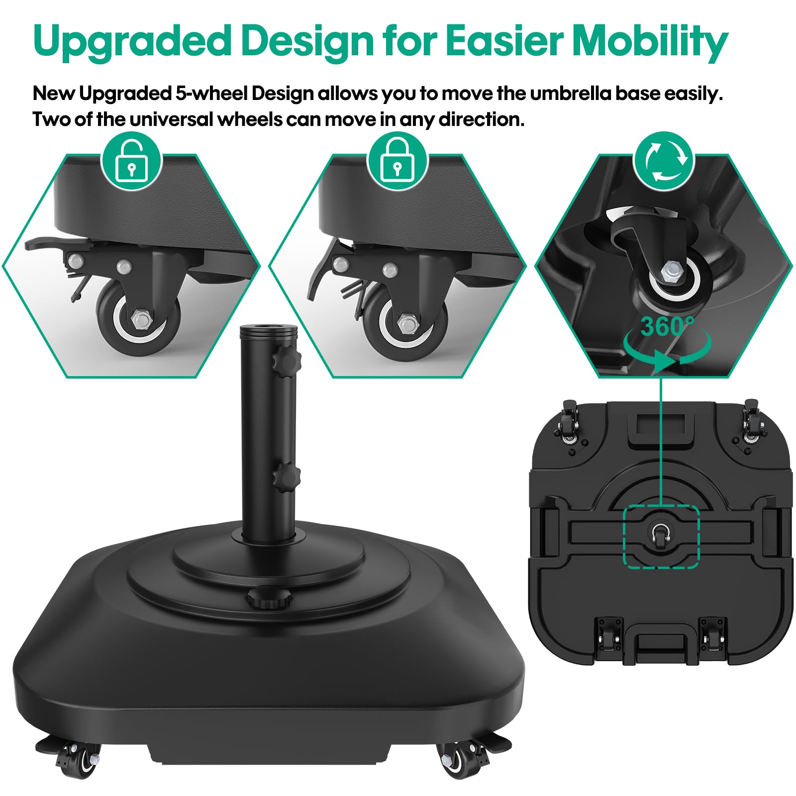 QZER umbrella base with wheels — side view showing stable footprint and compact profile.