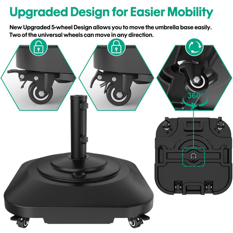 QZER umbrella base with wheels — side view showing stable footprint and compact profile.