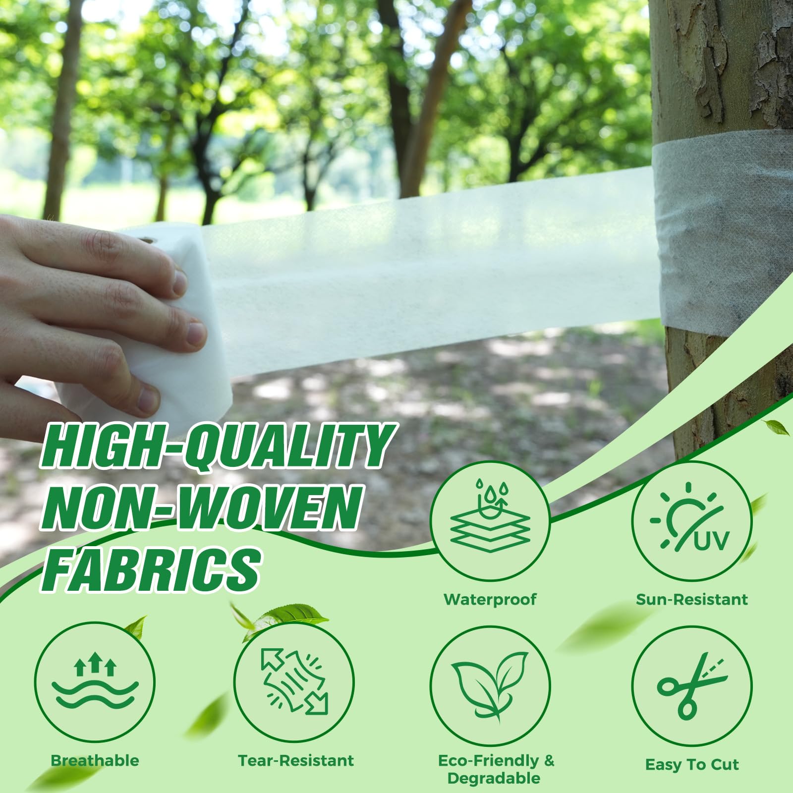 QZXALGS sun-proof tree wrap image highlights UV guard for hot days.