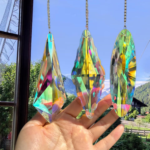 R REVOLEURT 3-piece crystal prism suncatcher on window creates vivid rainbows