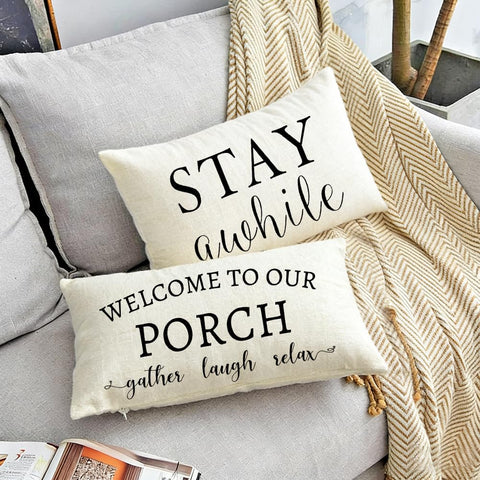 Rabusofa back beige tone pillow cover adds a natural look to porch decor.