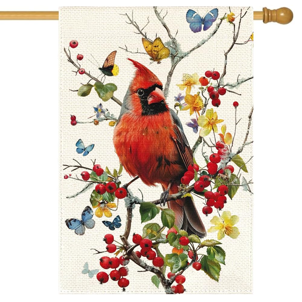 RABUSOFA Cardinal flag front view with butterfly flowers enhances outdoor curb appeal