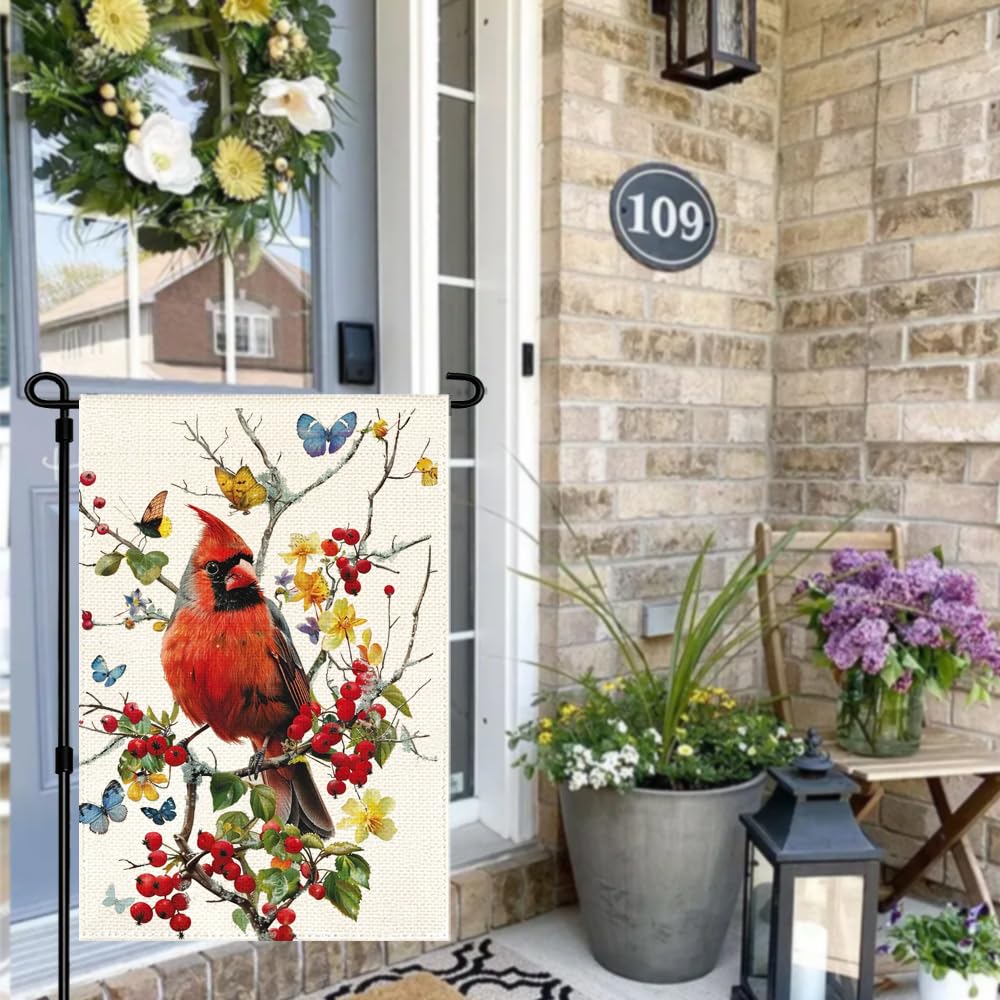 RABUSOFA Cardinal Spring/Summer flag back view showing double-sided artwork for yard display