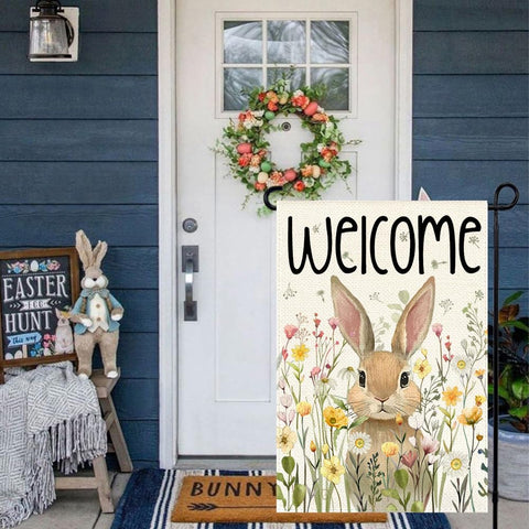 RABUSOFA spring flag features a friendly bunny motif for outdoor display.