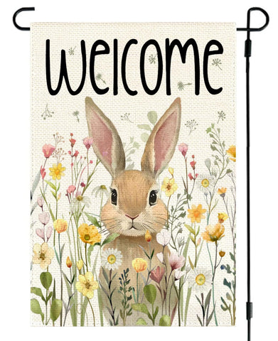 RABUSOFA Easter garden flag with yellow daisies welcomes guests on the porch.