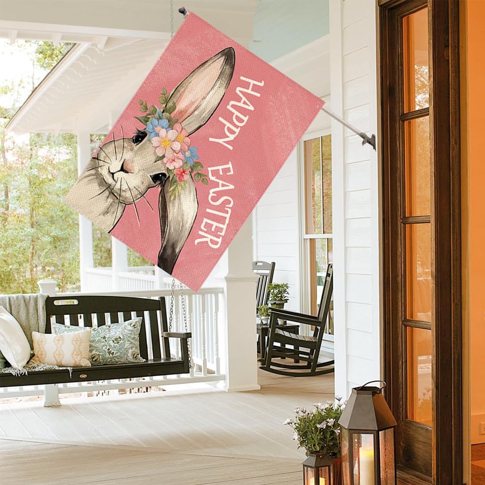 RABUSOFA Easter garden flag featuring rabbit and floral motif.