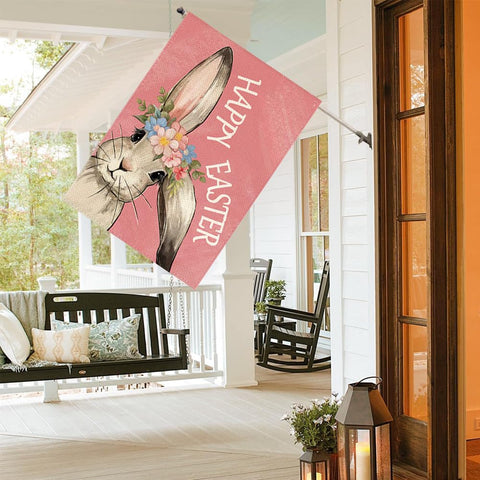 RABUSOFA Easter garden flag featuring rabbit and floral motif.