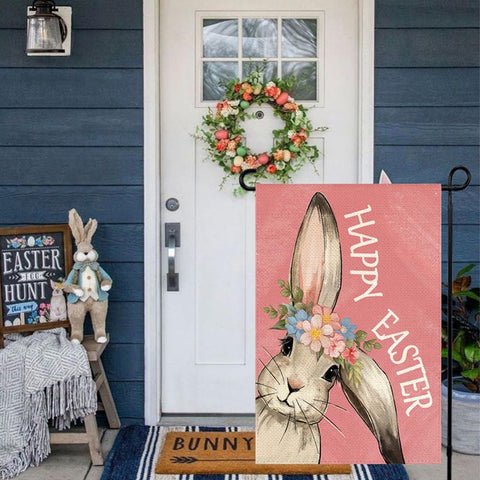 RABUSOFA Happy Easter Bunny Garden Flag fabric closeup shows durable spun polyester.