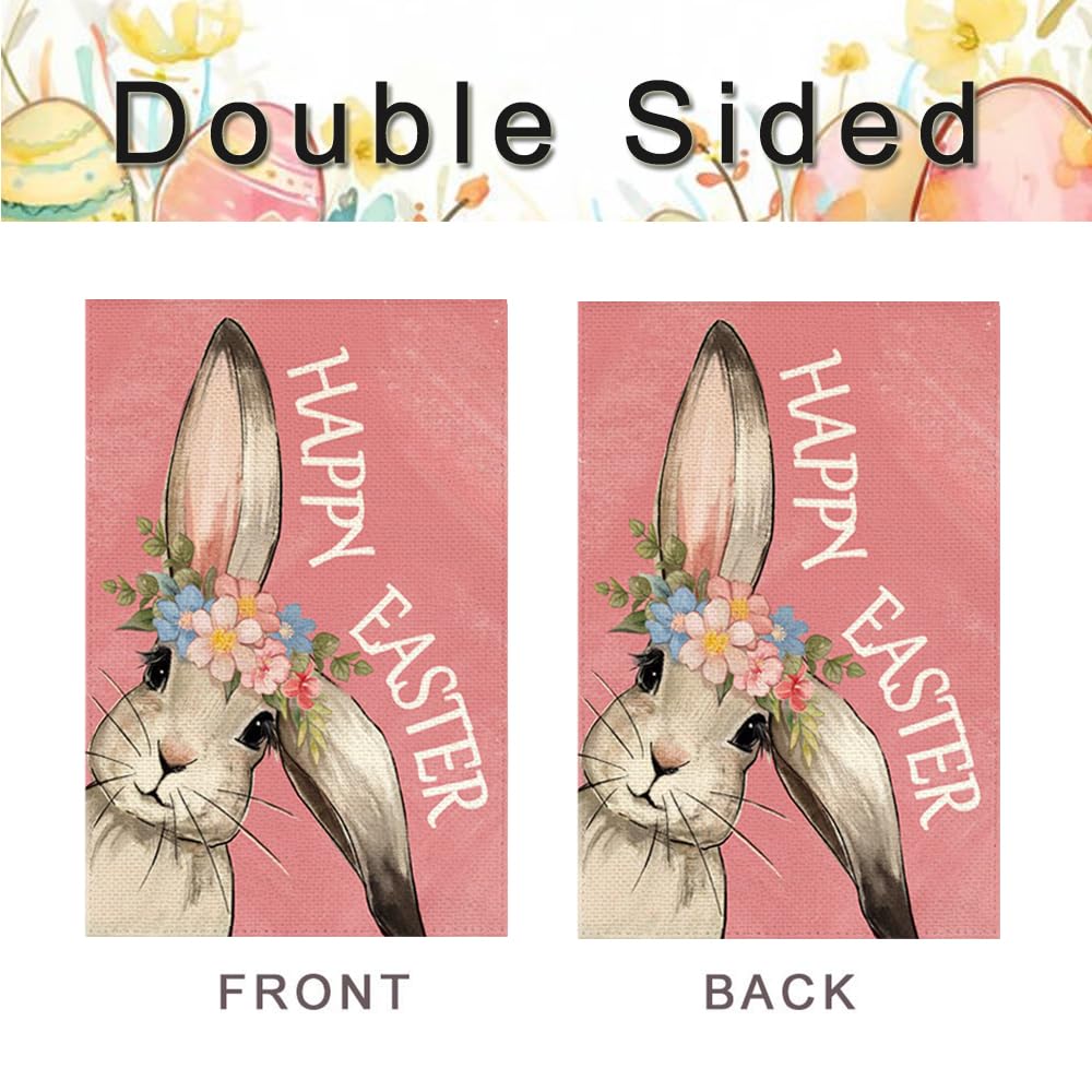 RABUSOFA Happy Easter Bunny Garden Flag in a garden setting for festive charm.