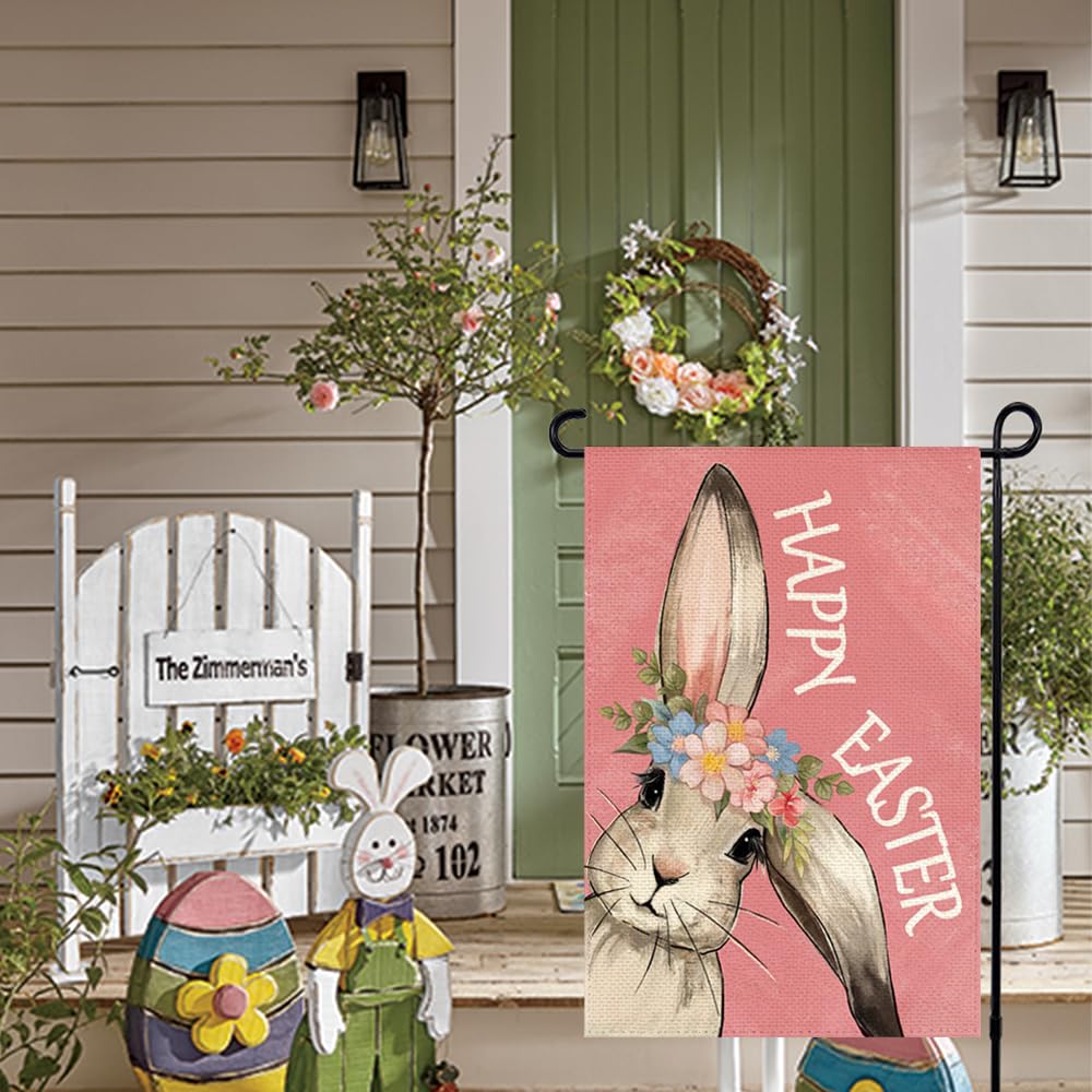 RABUSOFA Happy Easter Bunny Garden Flag reversible design visible from both sides.