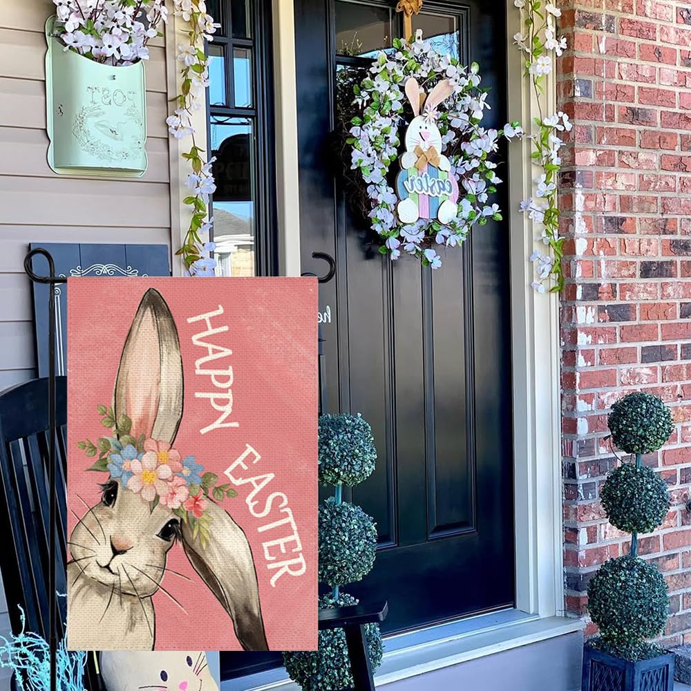 RABUSOFA Happy Easter Bunny Garden Flag sleeve hanger enables easy mounting.