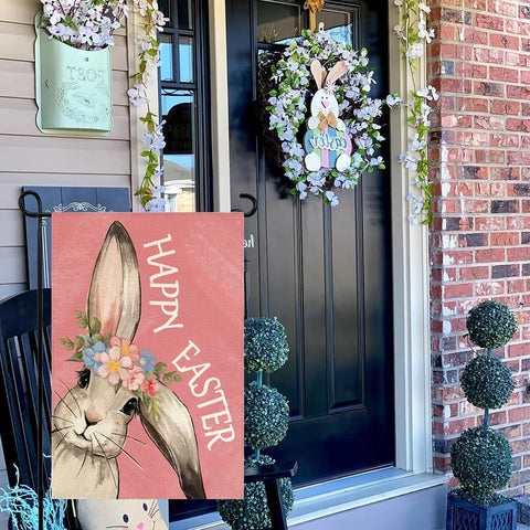 RABUSOFA Happy Easter Bunny Garden Flag sleeve hanger enables easy mounting.