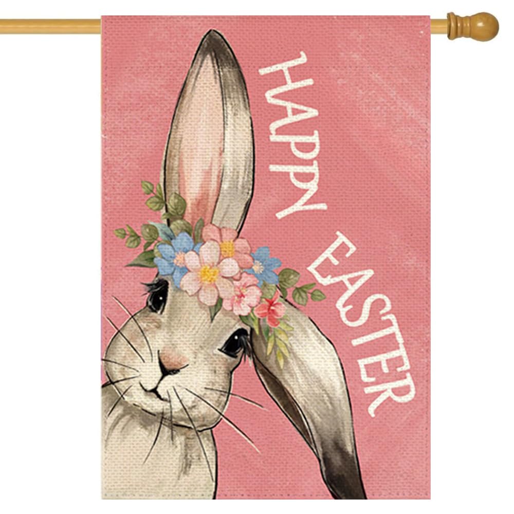 RABUSOFA Happy Easter Bunny House Flag front view for porch decor.