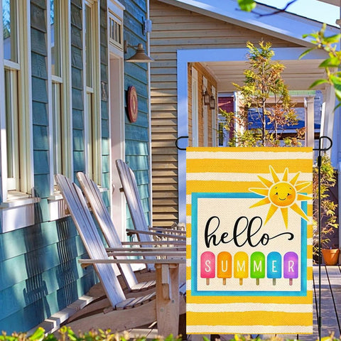 RABUSOFA Hello Summer flag is 12x18 inches and garden-stand ready.