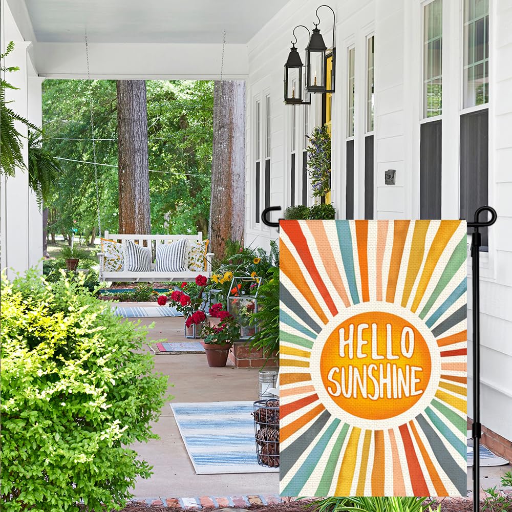 RABUSOFA Hello Sunshine flag, back view, bright outdoor appeal from both sides.