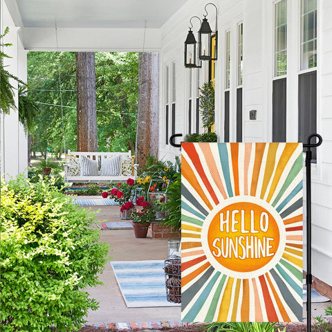 RABUSOFA Hello Sunshine flag, back view, bright outdoor appeal from both sides.