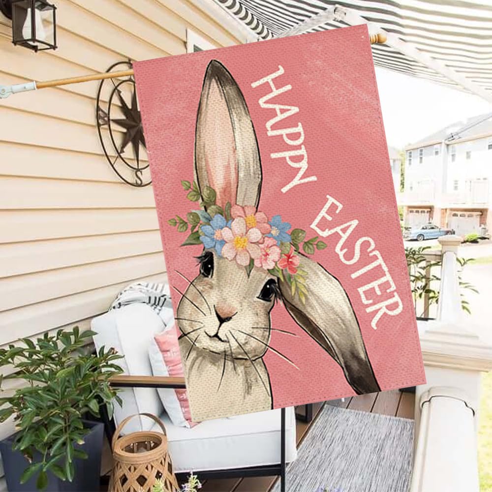 RABUSOFA Outdoor Easter flag on pink porch adds seasonal charm.