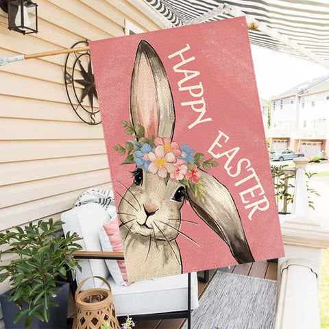 RABUSOFA Outdoor Easter flag on pink porch adds seasonal charm.