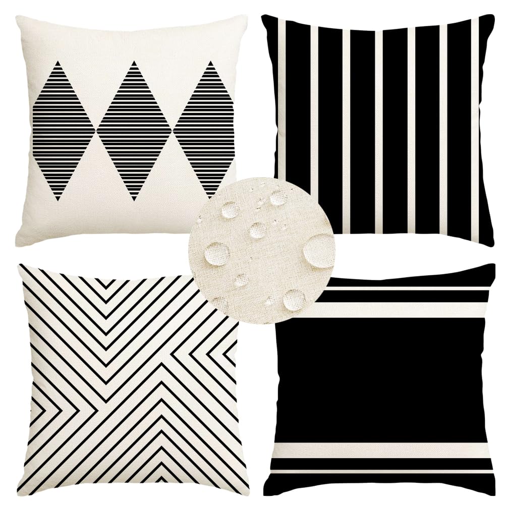 RABUSOFA outdoor pillow cover in black-beige adds chic Boho style to patio seating.