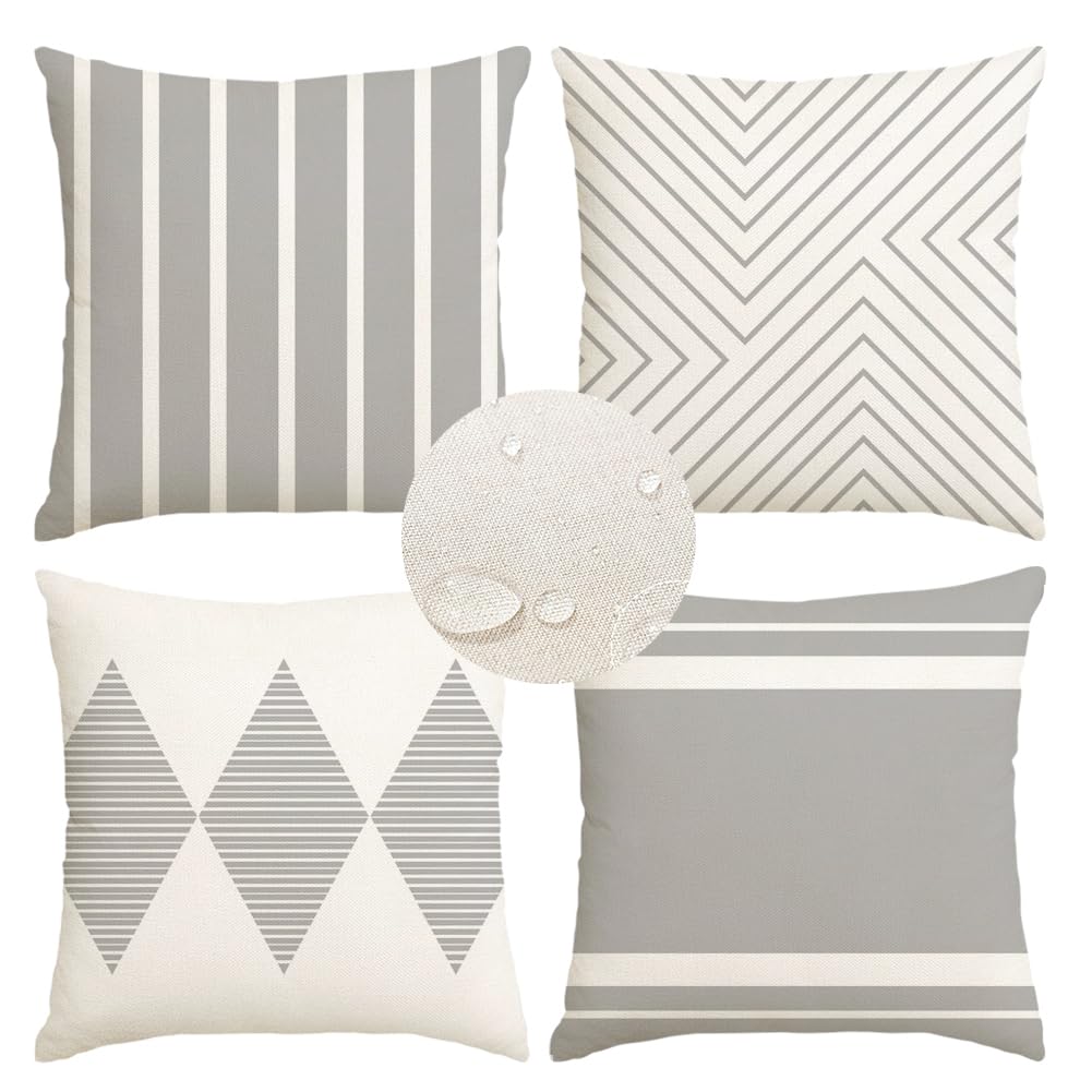 RABUSOFA outdoor pillow covers in gray and beige Boho style on patio cushions
