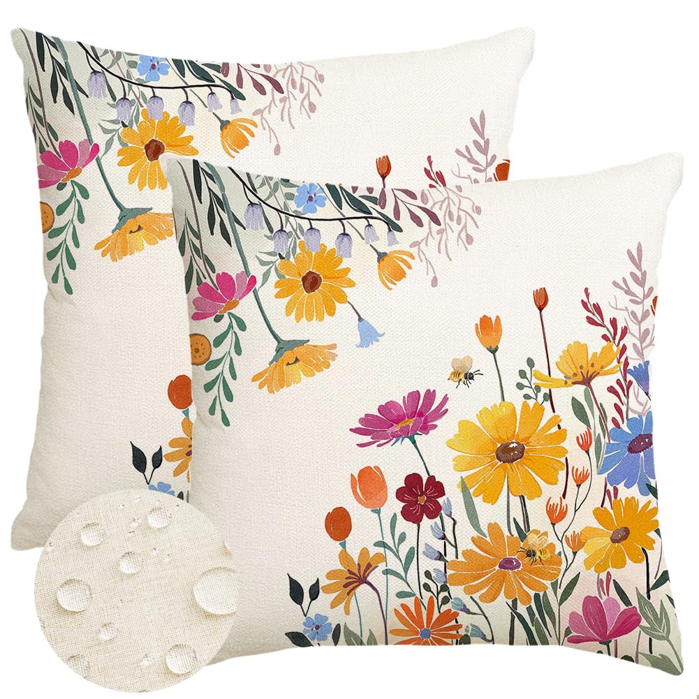 RABUSOFA spring summer pillow cover with yellow daisy front for outdoor patio decor.