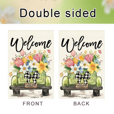 RABUSOFA truck-welcome tulip flag brightens outdoor greeting spaces.