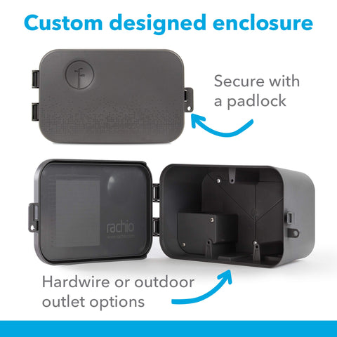 Rachio IP54-rated enclosure shields the controller from rain and dust.