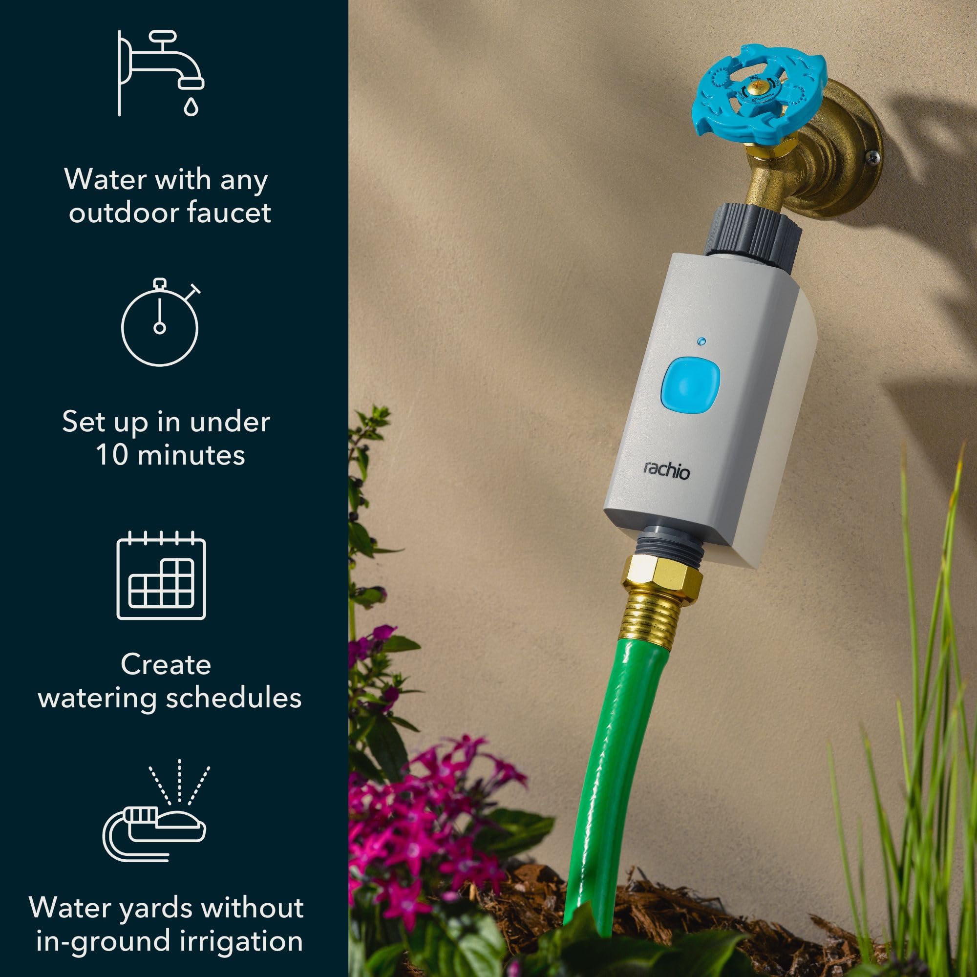 Rachio WiFi hub mounted on an outdoor faucet enables app-based scheduling.