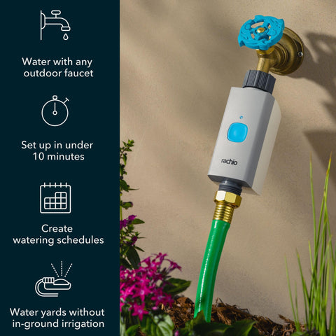 Rachio WiFi hub mounted on an outdoor faucet enables app-based scheduling.