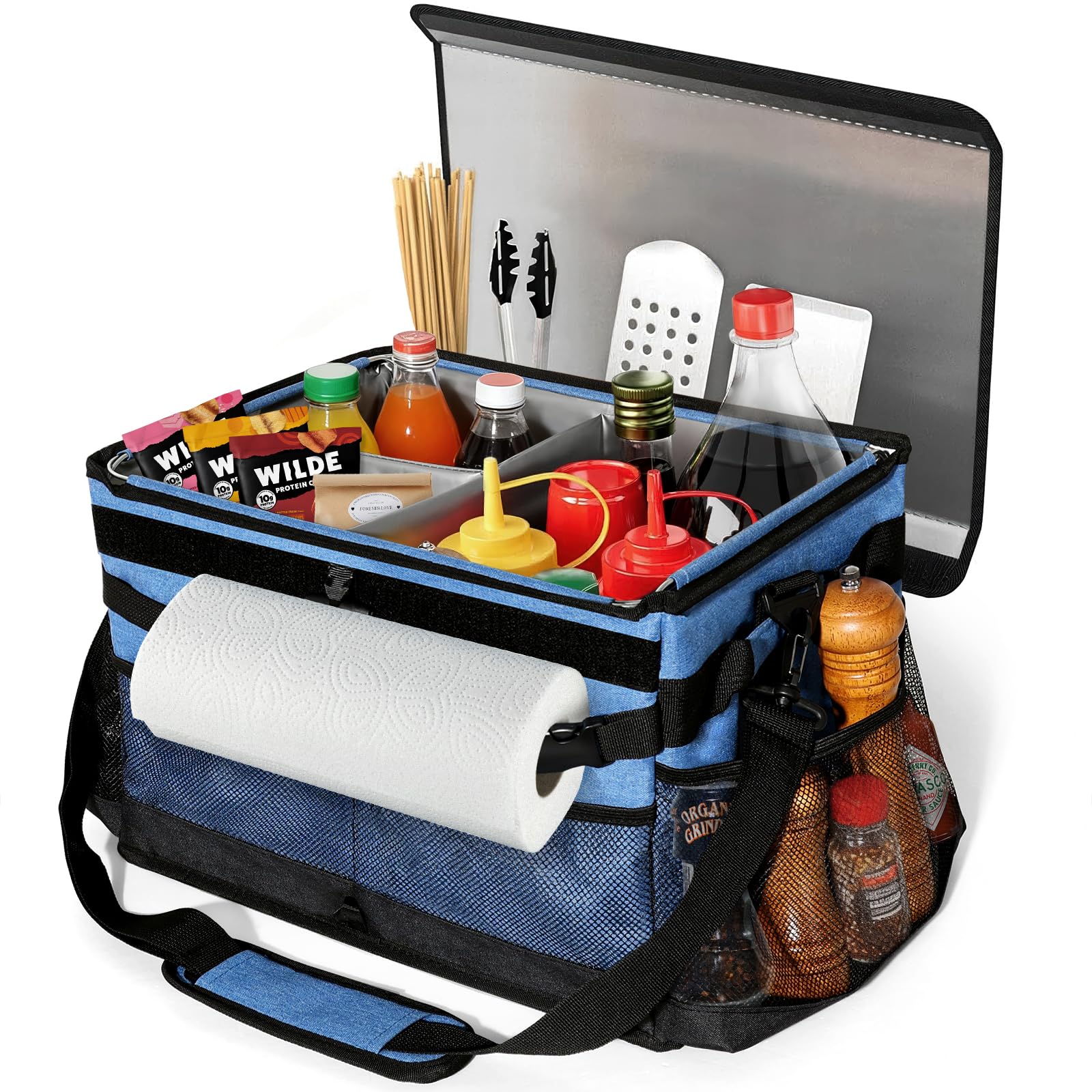 RACOBOT Grill Caddy with paper towel holder keeps essentials within reach.