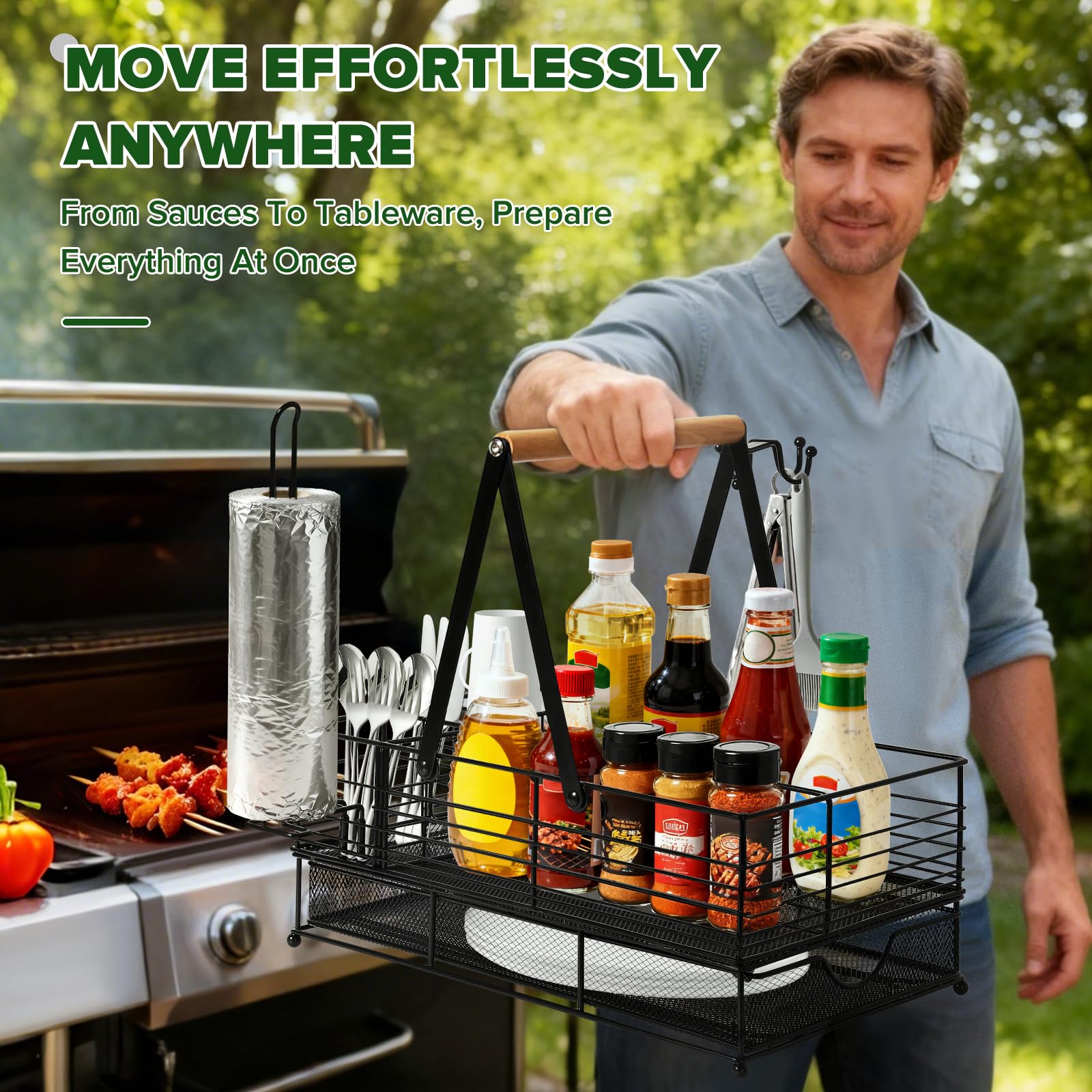 RACOBOT Grill Caddy durable metal build with wooden handle