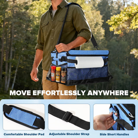 RACOBOT Grill Caddy side pockets keep small items organized.