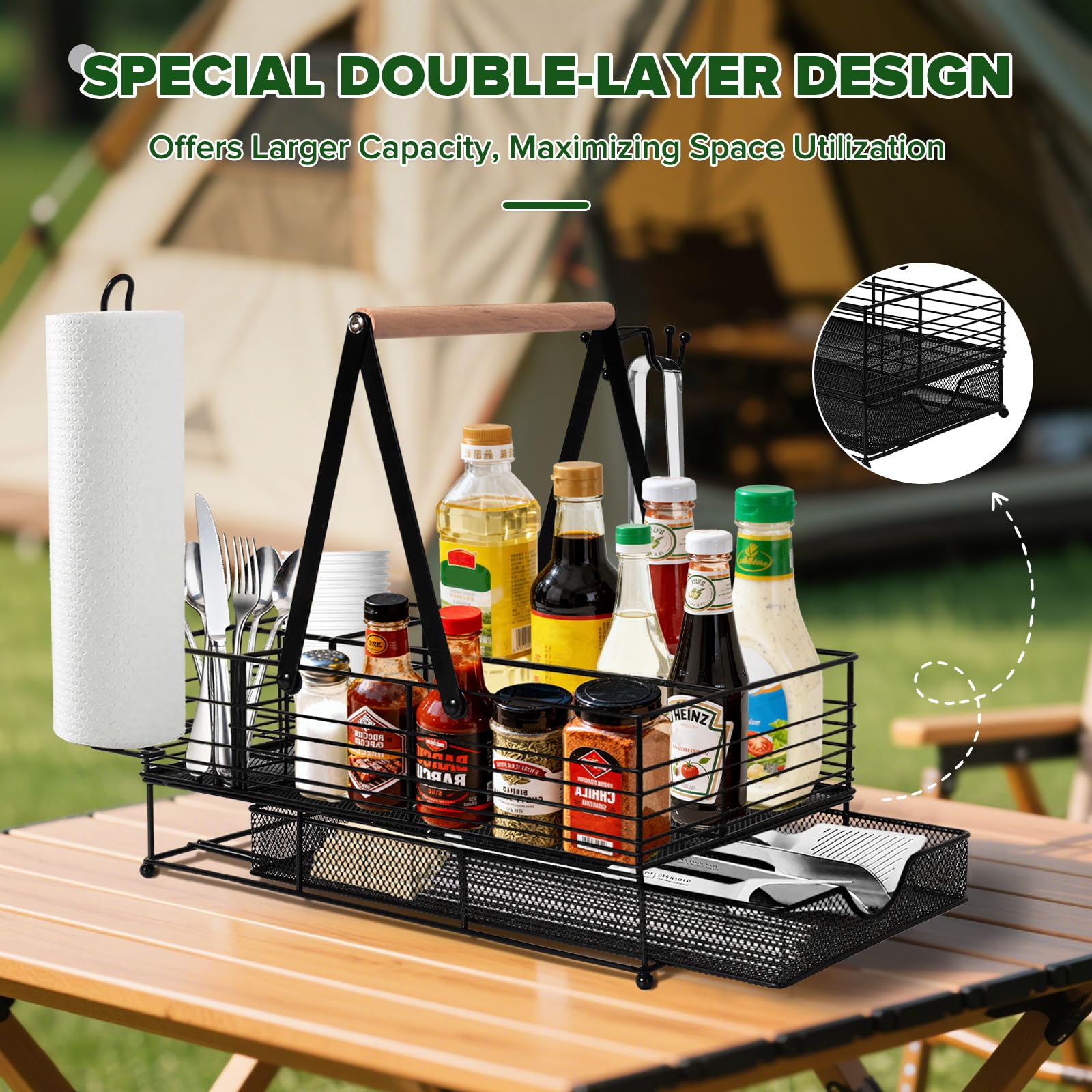 RACOBOT Grill Caddy smart compartments for bottles and plates