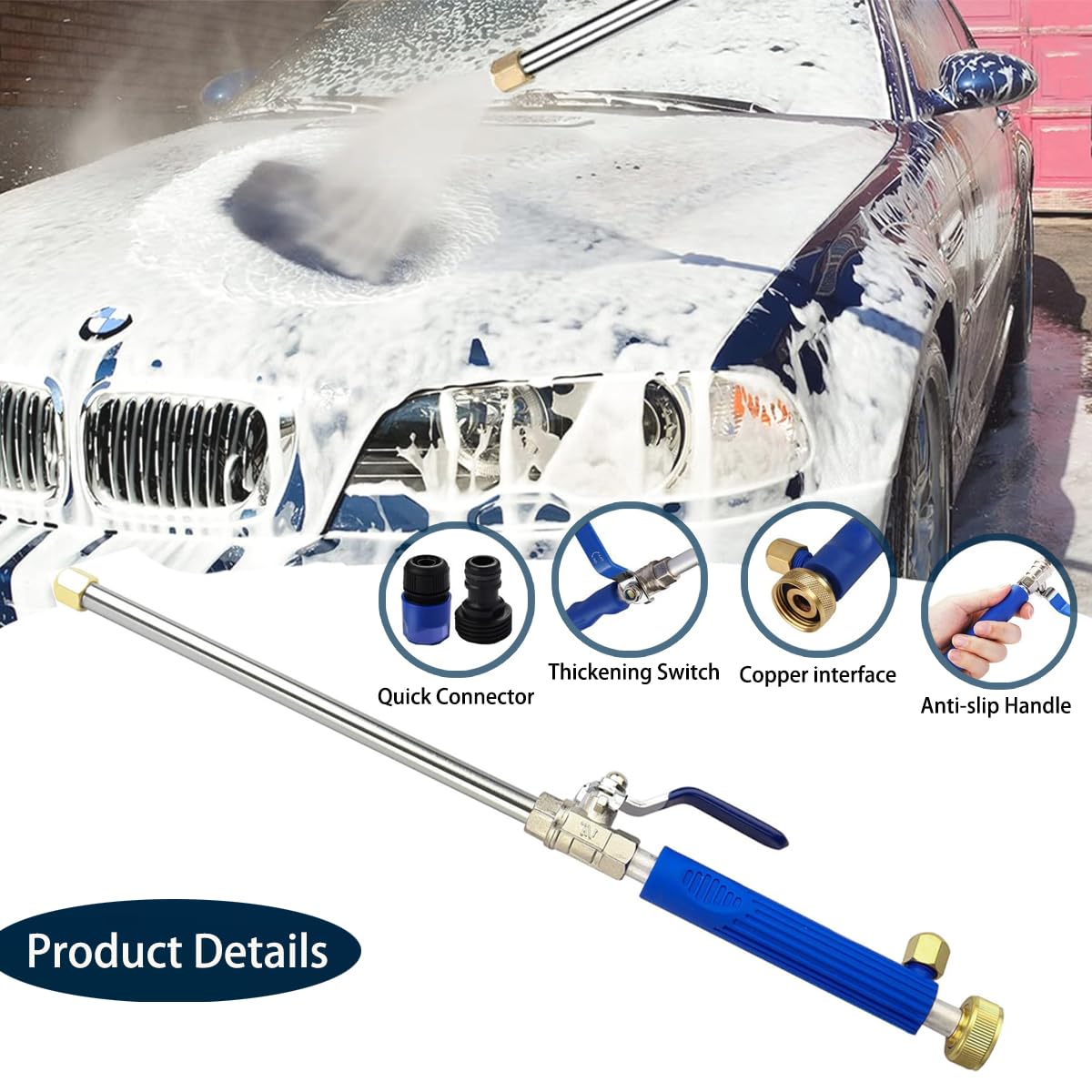 Fan nozzle covers large areas quickly on patios and driveways.