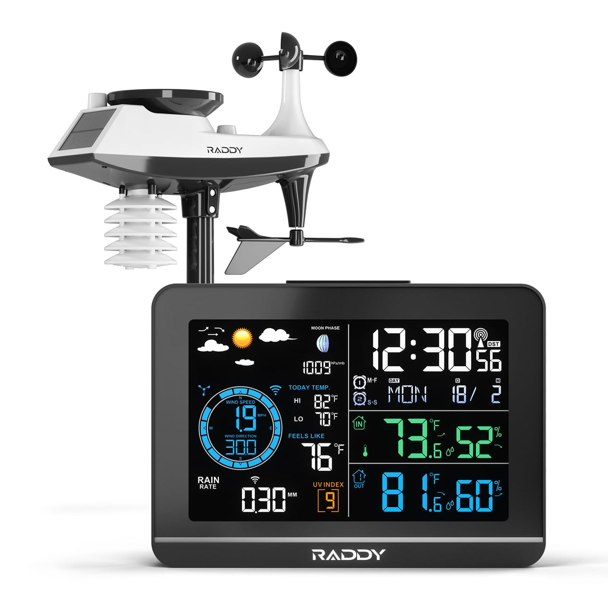 Raddy UV-6 display front showing clear weather data at a glance