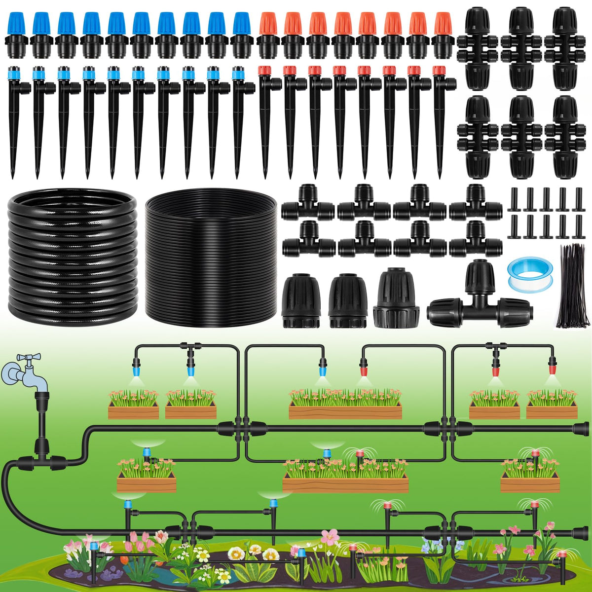Rafow 240ft drip irrigation main line setup for efficient root watering.